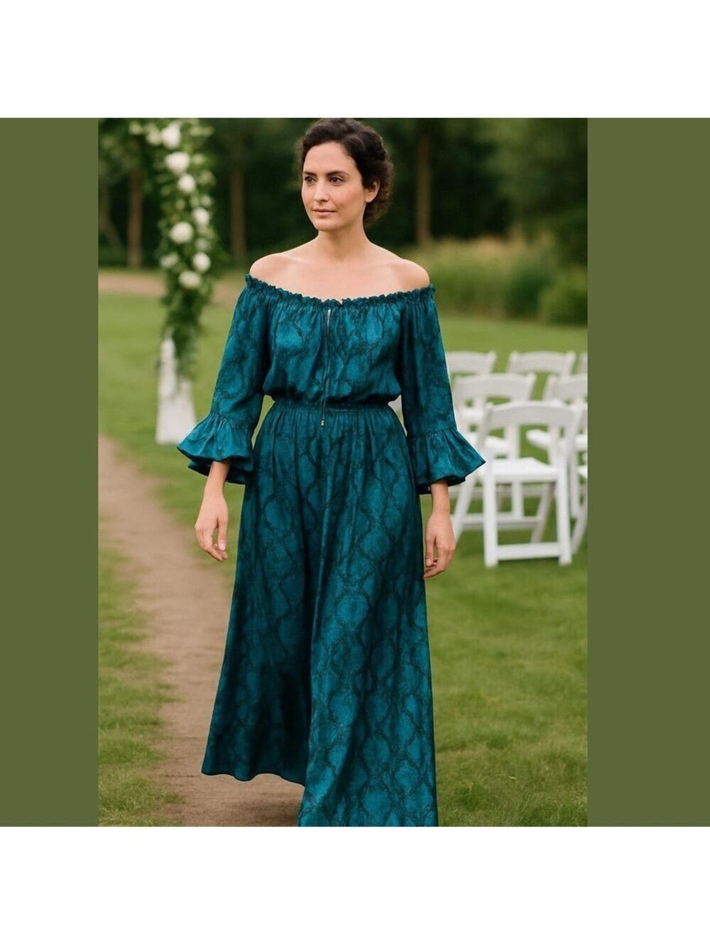 Y2K ELIE TAHARI SILK BLUE BOHO SNAKESKIN PRINT 3/4 SLEEVES MAXI DRESS SZ XL